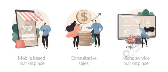 電子商務應用程序抽象概念矢量插圖集?；谝苿拥氖袌?、咨詢銷售、利基服務在線零售、使用智能手機抽象隱喻買賣產品。電子商務應用程序抽象概念矢量插圖。